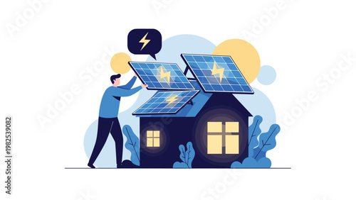 Man installing blue solar panels on the roof of a small dark house represents the transition to renewable energy and household sustainability.