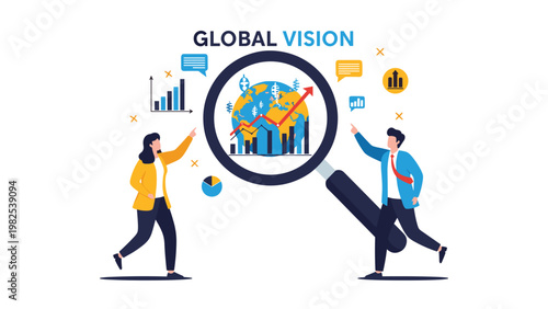 Global vision is illustrated by a man and woman analyzing a globe through a large magnifying glass filled with economic growth charts.