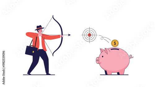 Businessman aiming a bow and arrow at a target floating above a piggy bank represents financial goal setting and savings strategies.