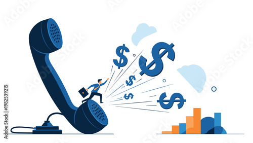 Ambitious businessman shouting through a giant blue telephone handset with large dollar sign symbols flying out of it.