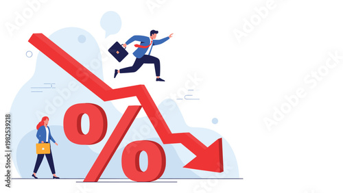 Business people reacting to a dramatic downward trend represented by a large red falling arrow and percentage symbol.