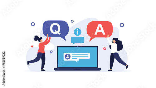 Two people holding large question and answer speech bubbles above a laptop computer displaying a messaging interface.