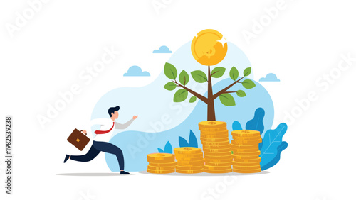 Enthusiastic businessman running towards a growing money tree on a stack of coins to represent wealth and financial gain.