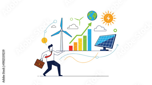 Energetic businessman running while carrying a large plate with wind turbines, solar panels, and rising green charts.