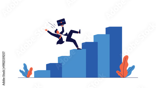Businessman in a suit losing his balance and falling backward down a set of blue bar charts that look like stairs.