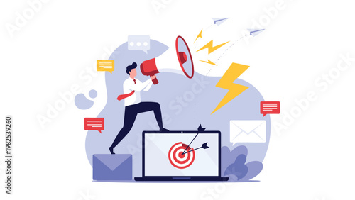 Businessman shouting through a red megaphone while standing on an envelope next to a laptop with a target on screen.