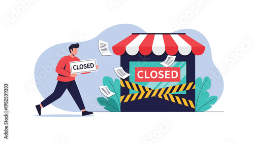 Sad person placing a closed sign on the window of a small shop that is already boarded up with yellow caution tape.