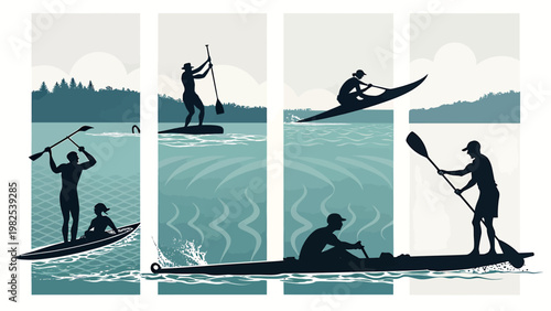 Paddleboard and kayak silhouettes on serene lake with forest background various water sports scenes