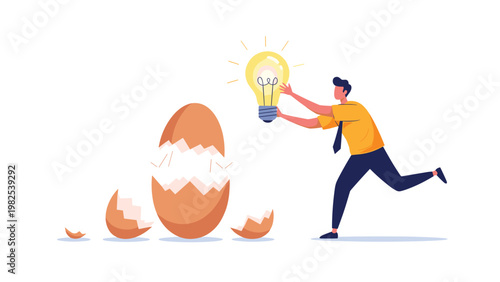 Creative businessman running while holding a bright glowing lightbulb that has just hatched from a large brown eggshell.