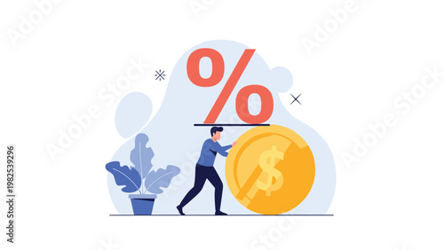 Determined businessman putting all his effort into pushing a giant gold coin underneath a large red percentage sign.