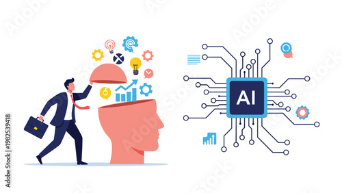 Businessman opening his head to reveal creative ideas next to an artificial intelligence circuit symbol for innovation.