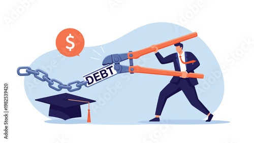 Businessman in a suit using giant red bolt cutters to cut through a heavy chain attached to a debt label and a graduation cap.