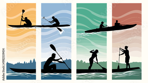 People enjoying water sports with paddleboards and kayaks silhouettes