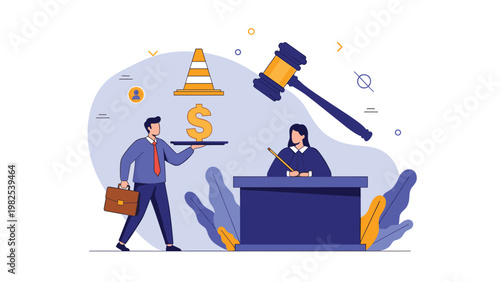Professional man presenting a golden dollar sign on a tray to a judge in a courtroom to illustrate legal bribery issues.