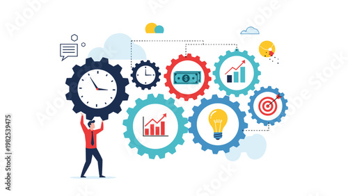 Focused businessman managing a complex system of gears representing time, money, and growth to ensure efficient work.
