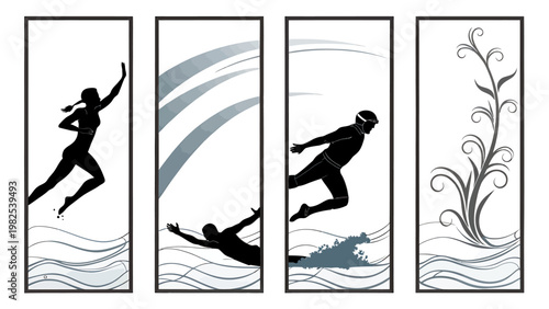 Dynamic silhouetted athletes in motion capturing swimming and running with abstract water and plant elements