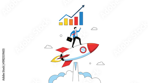 Successful professional flying on a space rocket towards a rising business graph representing extreme growth and breakthrough in performance.