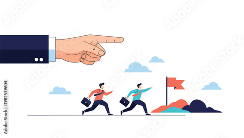 Giant finger pointing toward a red flag on a hill to guide two running businessmen toward their ultimate corporate goal.