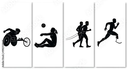 Paralympic athletes in various sports actions vector silhouettes