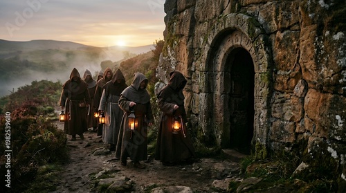 Group of hooded monks carrying lanterns approaching ancient stone cave entrance at sunset