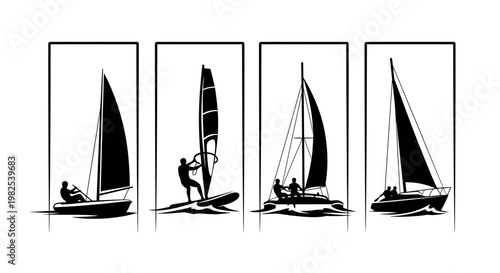 Sailing and windsurfing silhouettes on water in four panels