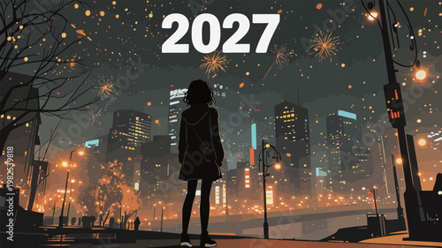 2027 New Year's Eve Cityscape with Fireworks