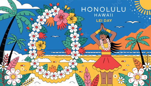 Hula Dancer and Floral Lei in Honolulu, Hawaii Flat Design Vector Illustration