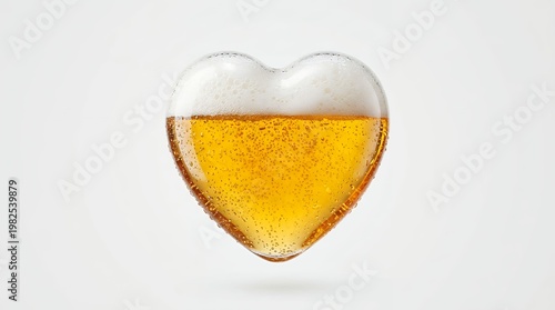 Heart shaped beer glass filled with golden bubbly beer and foam on white background