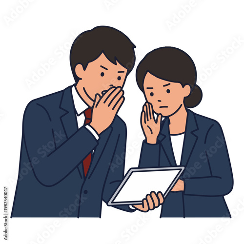 Illustration of a businessman and businesswoman in suits looking at a digital tablet with worried faces and whispering secret information