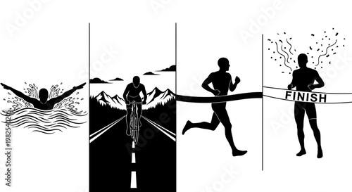 Triathlete in different stages of swimming cycling running and crossing finish line in black silhouette