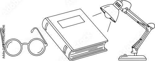 Desk lamp illuminating a book and reading glasses vector icon Isolated on white background