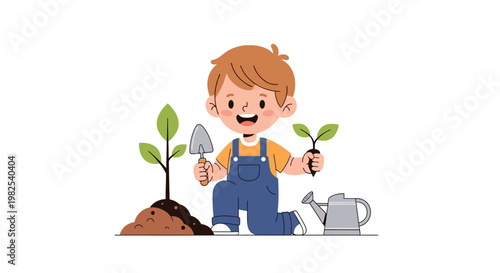 Happy child holding seedling and shovel.