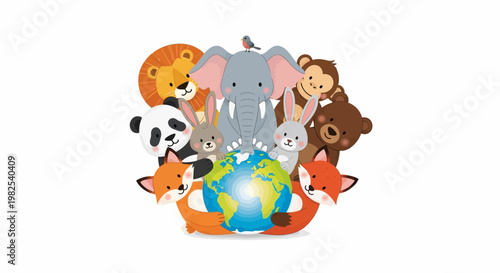 Cartoon animals around the globe together.