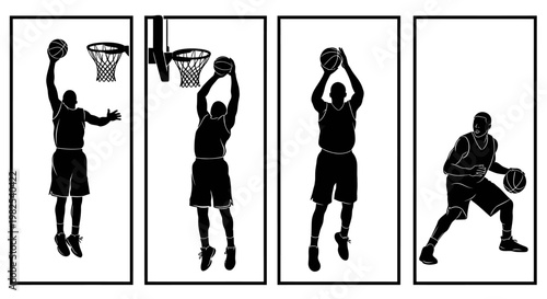Four black silhouette illustrations of basketball player movements in action