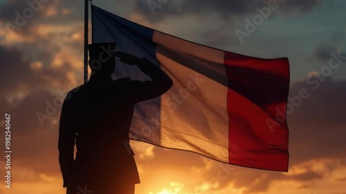 Silhouette Soldier Saluting French Flag at Sunset Symbolizing Independence and Honor