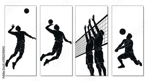 Volleyball players in action jumping and spiking ball in four panel sequence
