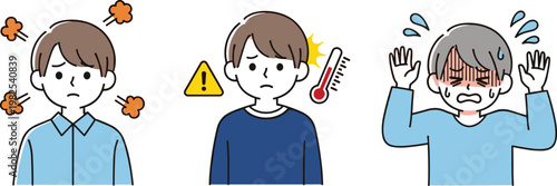 Sick Boy Cartoon Character Illustration Set Showing Fever Symptoms Pain Stress and Illness Expressions for Healthcare Awareness and Medical Design