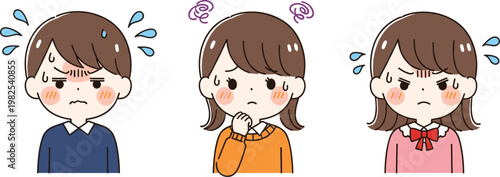 Cute Girl Facial Expression Cartoon Illustration Set with Different Emotions Stress Thinking and Anger for Kids Character Design and Sticker Collection