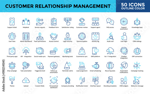 Customer Relationship Management icons set with support ticket, helpdesk, service request, feedback form, satisfaction rating, customer review icon. Simple outline color vector 
