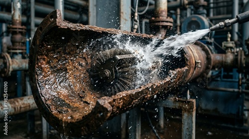 Rusty industrial pipe leaking high pressure water in mechanical facility scene