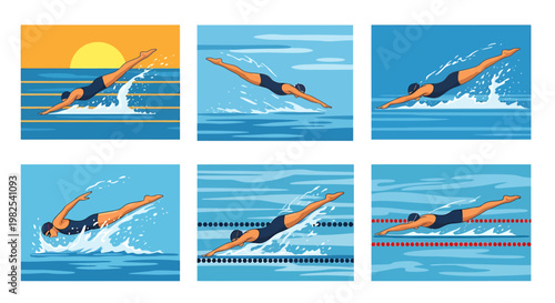 Swimmer in various strokes and positions in water swimming laps at sunset