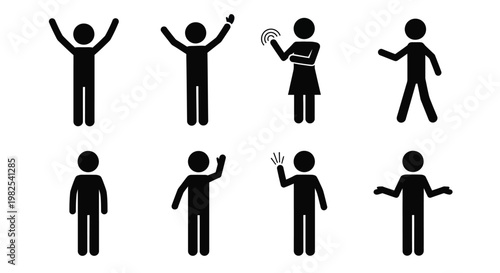 Various stick figure icons showing different human poses and communication gestures on a white background.