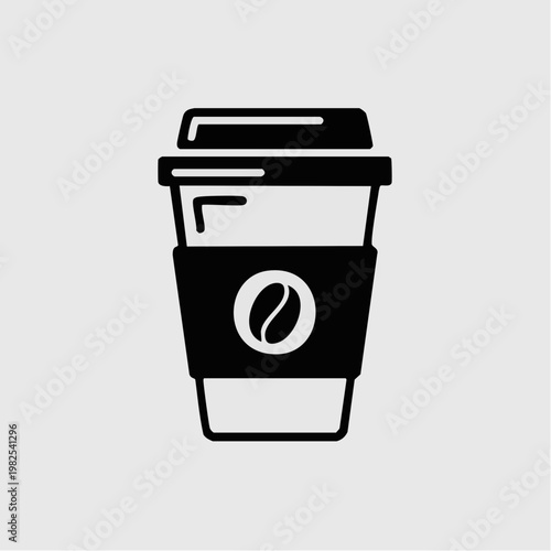 black and white coffee cup icon with sleeve and lid