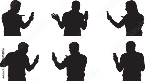 Black Solid Angry Smartphone Pointing Silhouettes Set of Six on White Background