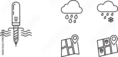 Drill bit with wavy lines and weather map icons during precipitation isolated on white background