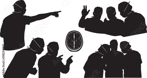 Black Solid AR 3D Scan Brain Surgeon Collaboration Silhouettes Set of Six on White Background