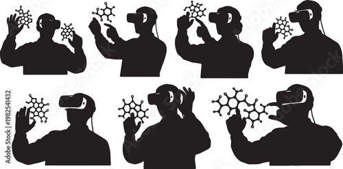 Black Solid AR Chemistry Molecular Modeling Silhouettes Set of Six on White Background
