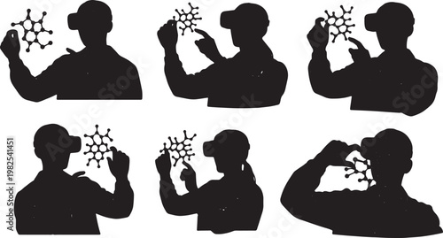 Black Solid AR Chemistry Molecular Modeling Silhouettes Set of Six on White Background