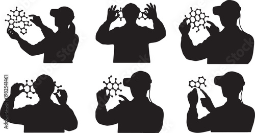Black Solid AR Chemistry Molecular Modeling Silhouettes Set of Six on White Background