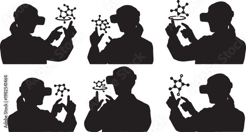 Black Solid AR Chemistry Molecular Modeling Silhouettes Set of Six on White Background